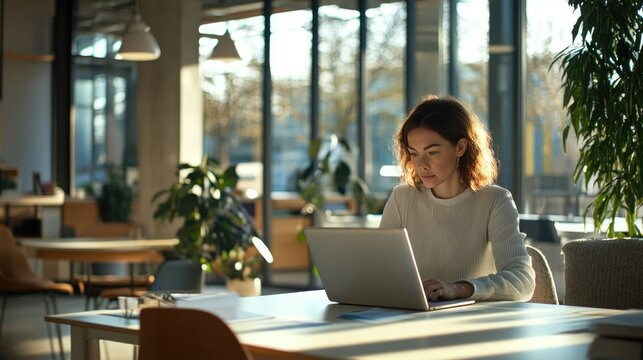 Young adult entrepreneur freelancer business woman using laptop computer in office space. Skilled it specialist programmer developing application software. Businesswoman doing remote work online