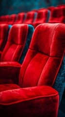 Obraz premium Close-Up of Red Velvet Theater Seats in an Empty Auditorium with Blue Background