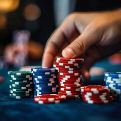 Naklejka premium Hand arranging poker chips on a blue casino table. Design for for gambling, casino advertisements, and marketing
