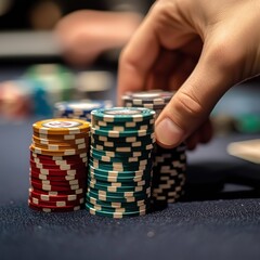 Naklejka premium Close-up of hand stacking poker chips on a casino table. For gambling and casino marketing 