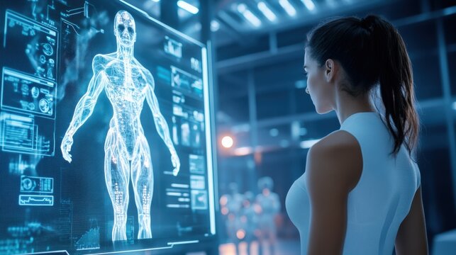 A woman is looking at a computer screen that displays a 3D model of a human body