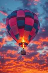 Fototapeta premium Elegant depiction of a hot air balloon journey through a twilight sky with clouds softly glowing in pastel hues,