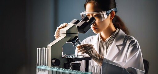 Asian female scientist sits in a lab and looks through an electron microscope studying a specimen. Science and medicine, micro world for posters, banner backgrounds.