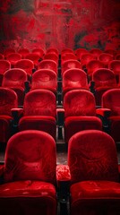 Obraz premium Rows of Red Velvet Theater Seats in an Empty Auditorium with Artistic Wall Background