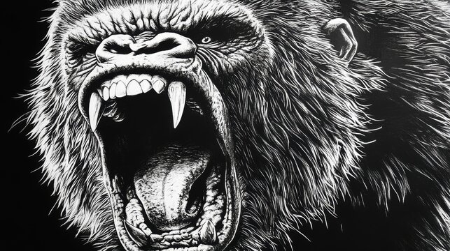 Angry snarling gorilla in black white
