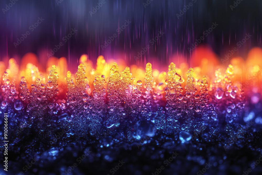 Poster abstract representation of moss with neon rainbow lights, creating a colorful glow on a black backgr