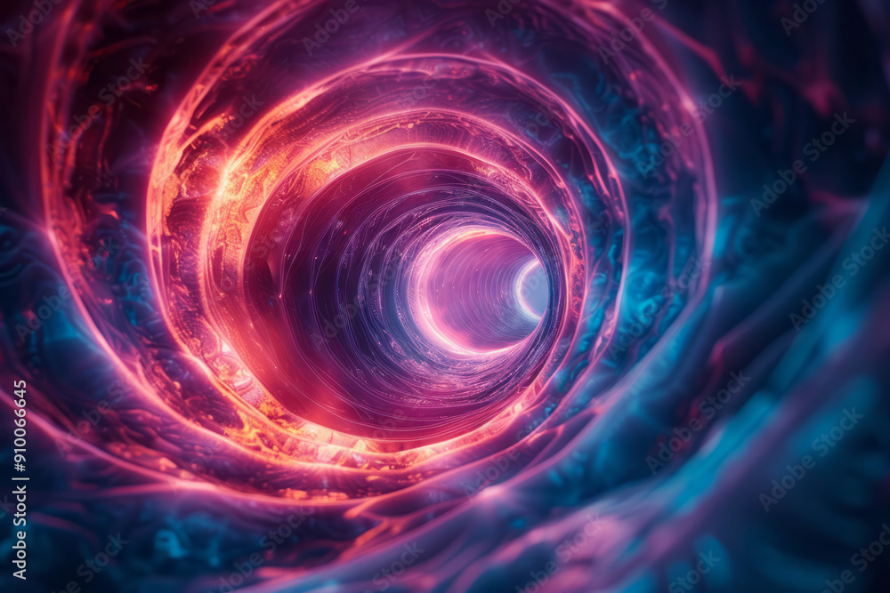 Poster realistic portrayal of an abstract vortex with neon blue and red lighting, creating a sense of depth