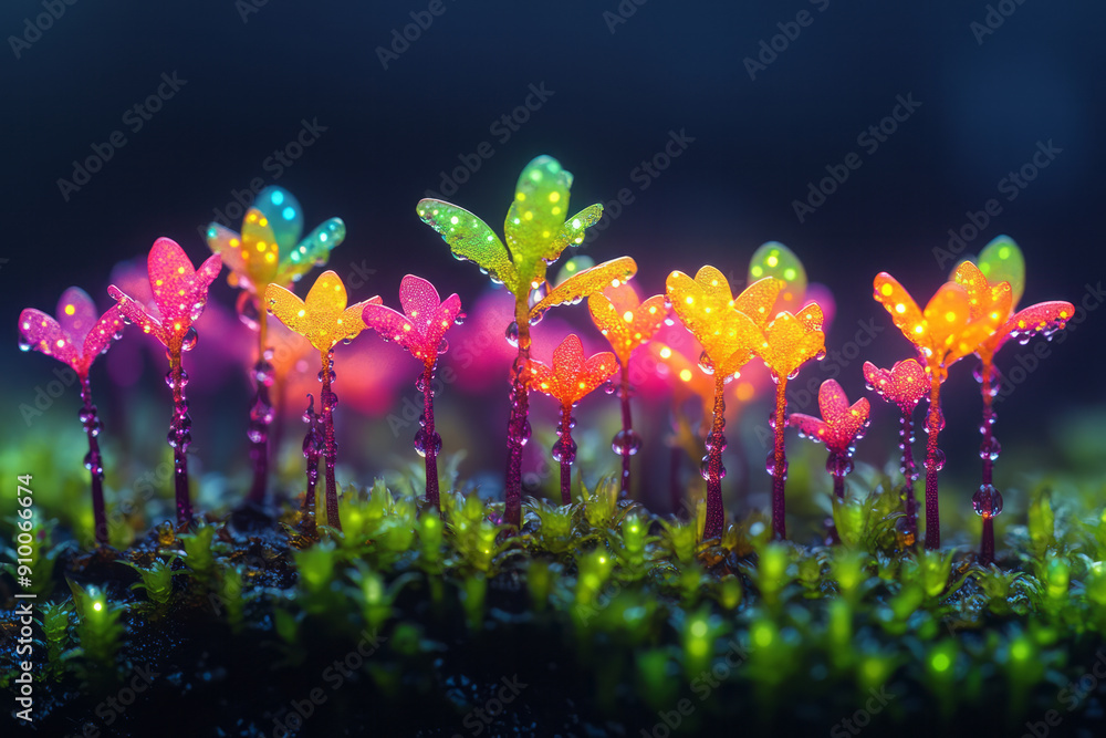 Poster abstract representation of moss with neon rainbow lights, creating a colorful glow on a black backgr