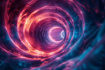 Realistic portrayal of an abstract vortex with neon blue and red lighting, creating a sense of depth and energy,
