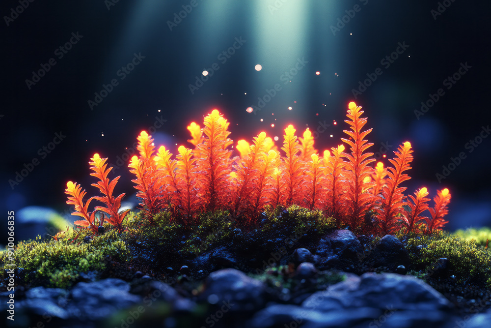 Poster realistic rendering of moss with neon red outlines, creating a bold and striking effect on a black b