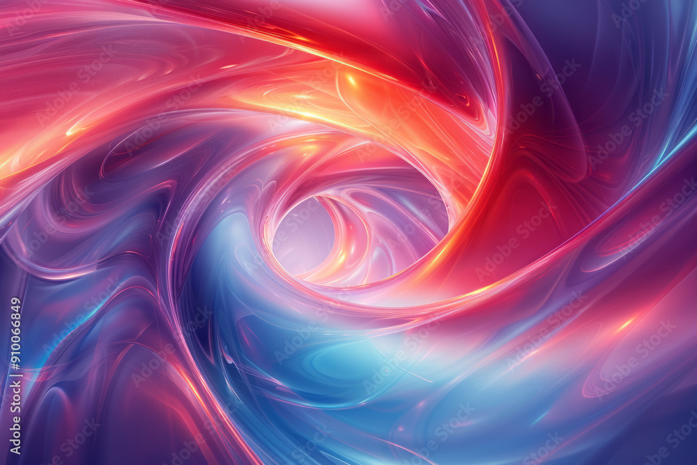 Poster elegant depiction of an abstract vortex with smooth, swirling lines in neon blue and red, creating a