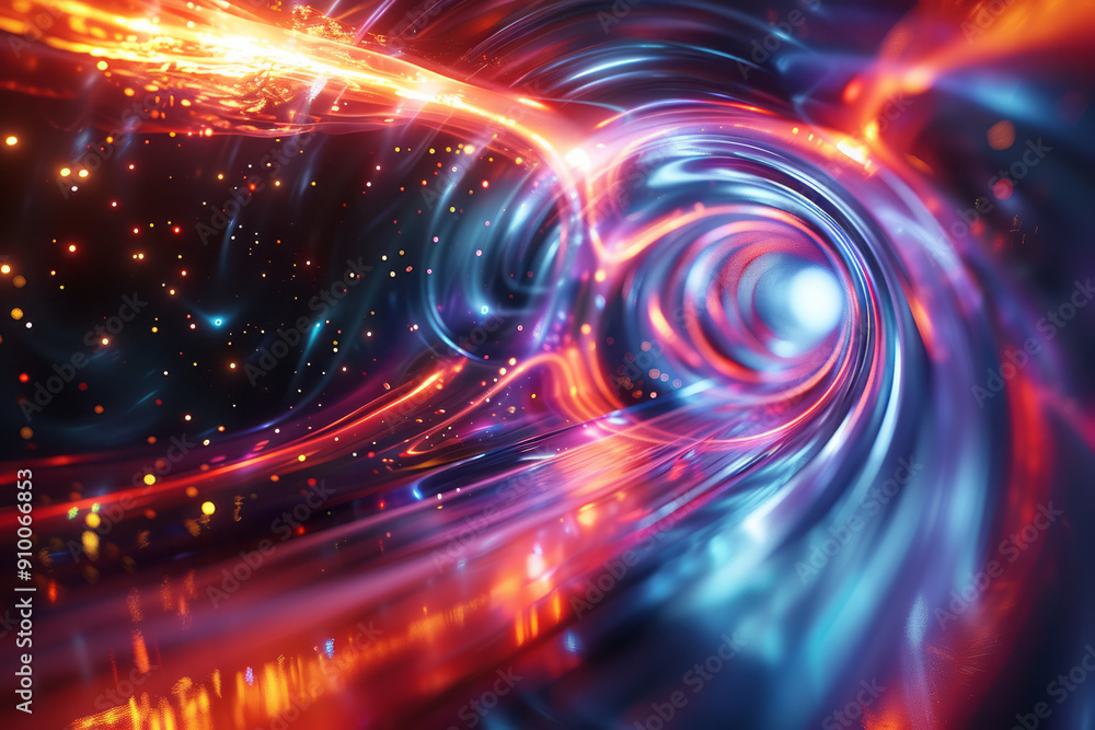 Poster elegant depiction of an abstract vortex with smooth, swirling lines in neon blue and red, creating a