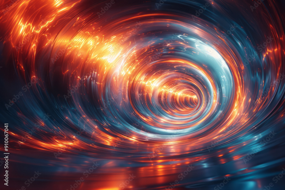 Poster elegant depiction of an abstract vortex with smooth, swirling lines in neon blue and red, creating a