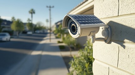 Solar-Powered Security Camera Mounted on House Wall with Suburban Street and Clear Sky