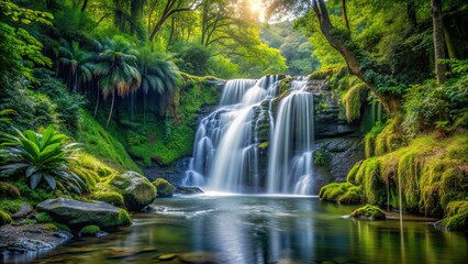 Naklejka premium Peaceful waterfall cascading in a lush forest setting, waterfall, forest, nature, serene, tranquil, scenic, landscape