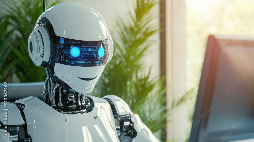 Poster a robot is sitting at a desk with a computer monitor and a keyboard