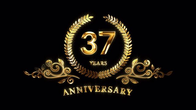 37th Anniversary Celebration. Happy 37 Years Anniversary Animation in Gold Color on the Transparent Background, Alpha Channel. Great for greetings, celebrations, events, and gifts.