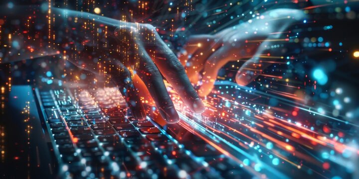 Digital Work Visualization: White Hand Typing on Laptop with Transparent Text and Lines. Generative AI