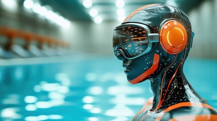 A robot is wearing goggle. She is standing in a pool