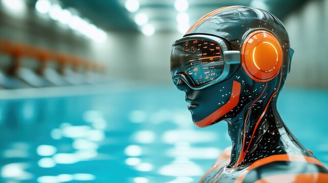 A robot is wearing goggle. She is standing in a pool