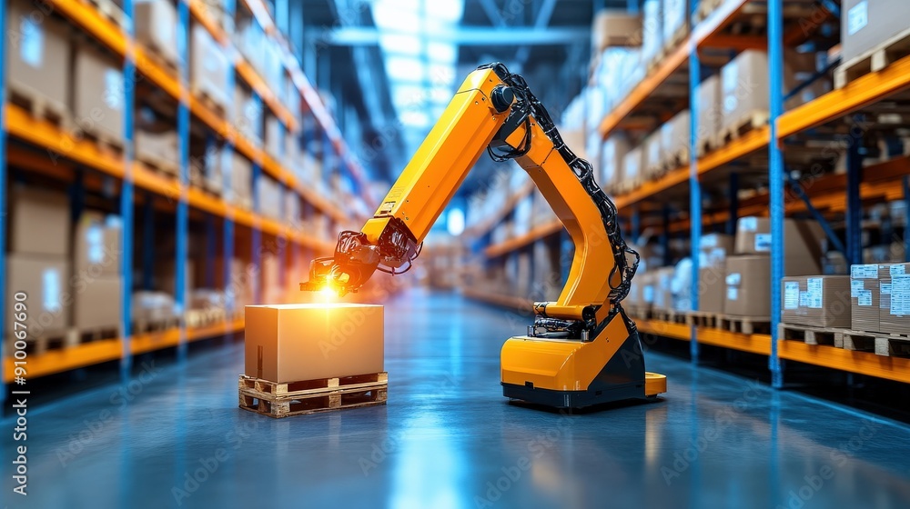 Poster a robot is in a warehouse and is about to pick up a box