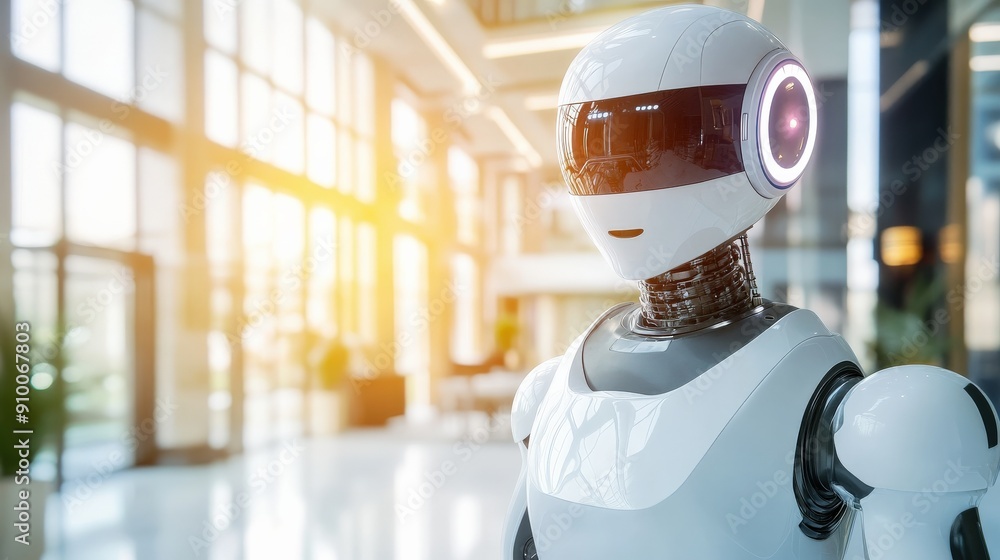 Poster a robot is standing in a room with a window