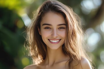 A joyful woman with long hair smiling in nature, radiating happiness and confidence. Perfect for lifestyle and beauty themes.