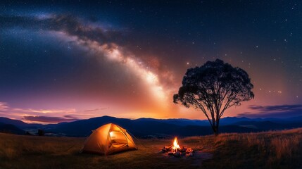 camping site featuring a tent and a campfire set against a clear twilight sky with the Milky Way