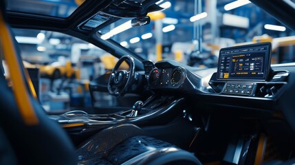 The sleek interior of a sports car showcases advanced technology and design amidst a bustling manufacturing environment.