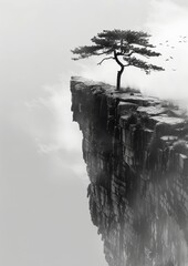 Solitary Tree on Cliff Edge in Misty Monochrome Landscape with Birds in Flight