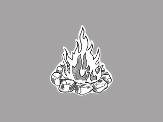 Contour hand-drawn sticker black and white illustration of a burning campfire with stones around. Isolated campfire for tourists for travel.