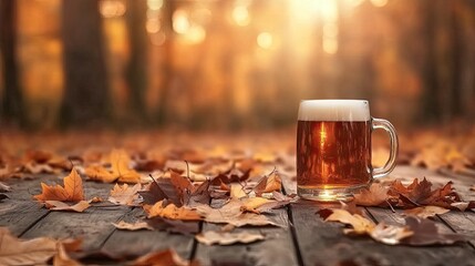 A crystal-clear mug of golden beer rests on a weathered wooden table, surrounded by colorful autumn leaves in a serene forest during sunset