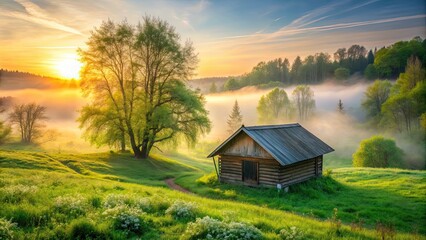 Romantic springtime cottagecore scene with a small hut in lush green landscape during misty sunrise