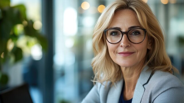 Mature 40s 50s years businesswoman professional standing confident in modern coworking office space. Headshot closeup face portrait European business woman in eyeglasses looking at camera at work 