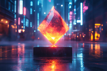 Futuristic scene of a diamond-shaped award medal with neon accents and a digital display,