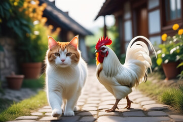 A white cat and a rooster are walking along the road.