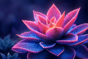 Futuristic illustration of aloe with neon pink and blue lights, illuminating the surrounding darkness,
