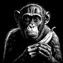  A monkey holding a banana, art, engraving