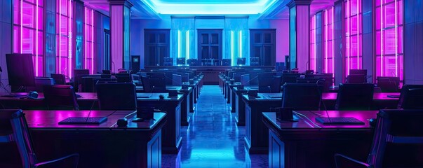 A modern office space illuminated with vibrant blue and pink neon lights, creating an energetic and futuristic atmosphere.