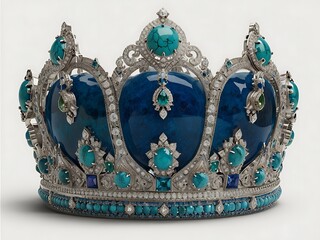 Obraz premium An intricately designed 18-karat silver crown featuring a vivid iranian turquoise, sapphire flanked by shimmering diamonds, capturing the luxurious and sofistication