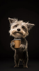 Naklejka premium caricature style of a disheveled dog holding a coffee cup with a tired expression, minimalistic black background