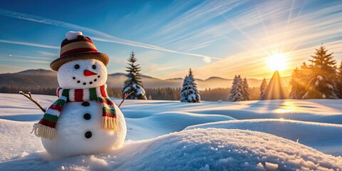 Obraz premium Snowman enjoying the warmth of the winter sun in his snowy kingdom, snowman, winter, kingdom, snow, sunny, cold, frosty