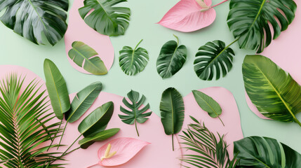 Fototapeta premium Tropical green leaves pattern laying on pink and green background
