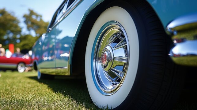 A gleaming classic car with a chrome wheel and whitewall tire is showcased on green grass during a vintage auto show.