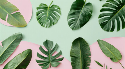 Fototapeta premium Tropical green leaves pattern laying on pink and green background