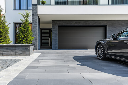 Dark garage door (sectional door) on a modern residential building (A.I. generated)