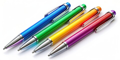 Fototapeta premium Collection of five colorful pens for back to school supplies isolated on background, back to school, pens