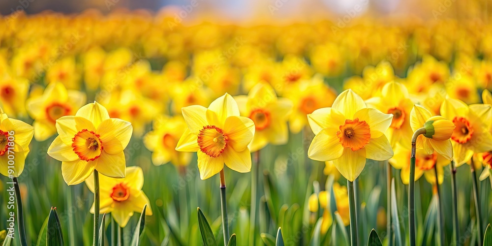 Wall mural Vibrant yellow daffodils blooming in a field, signifying the start of spring, flowers, daffodils, yellow, bloom, spring, petals