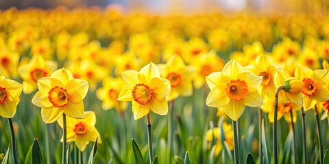 Fototapeta premium Vibrant yellow daffodils blooming in a field, signifying the start of spring, flowers, daffodils, yellow, bloom, spring, petals