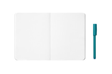 White spread notebook with rounded corners and blue-green ballpoint pen clipping